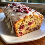A moist slice of cranberry orange bread topped with thick white glaze and whole cranberries.