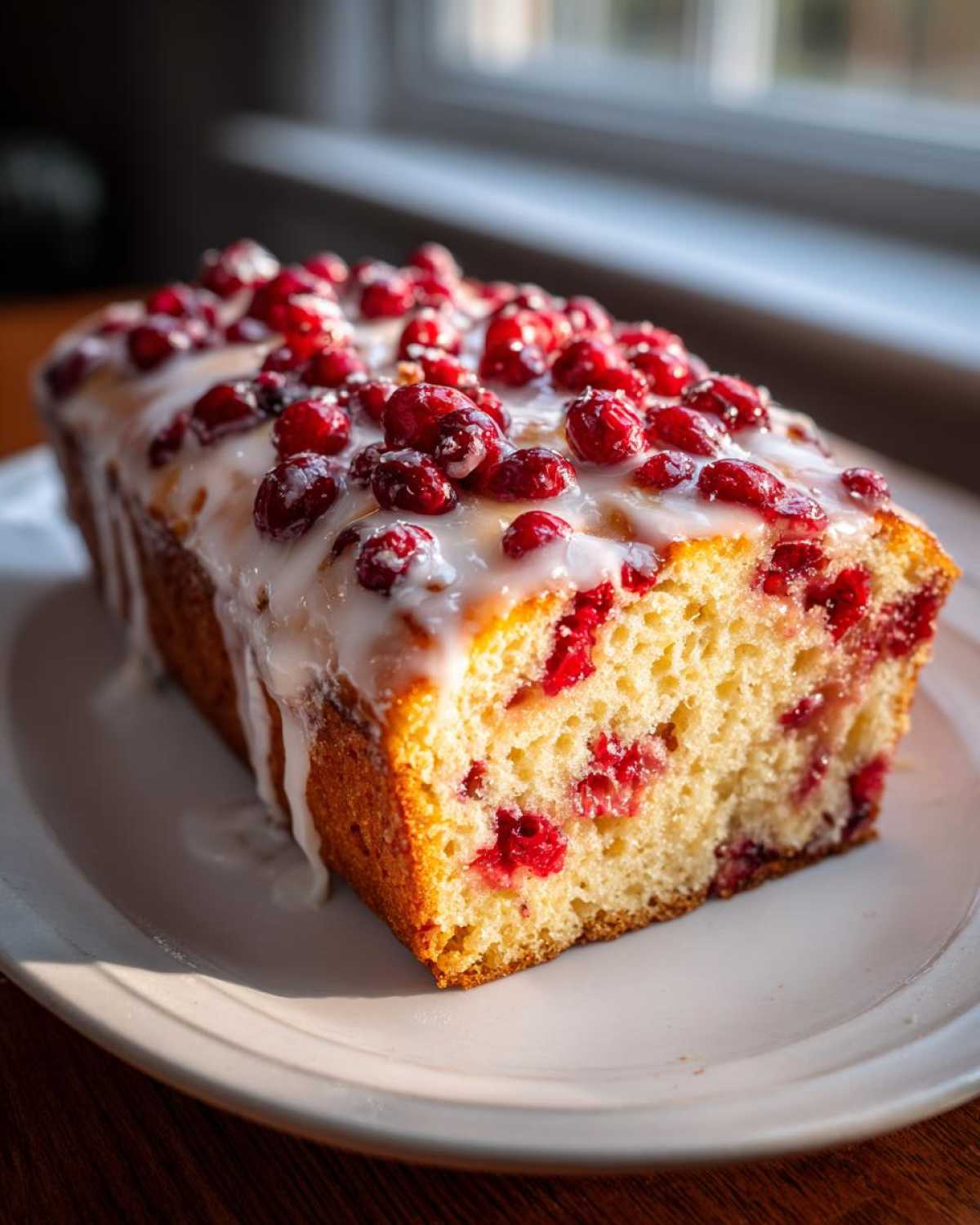 A loaf of moist cranberry orange bread topped with white glaze and fresh cranberries.