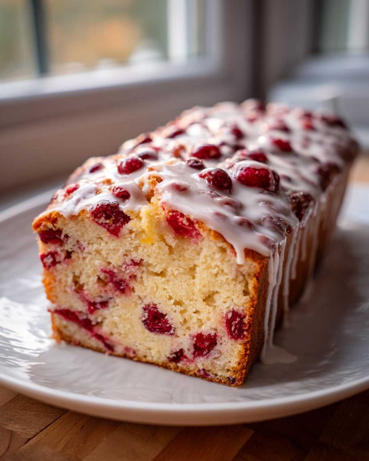Close-up of a loaf of moist cranberry orange bread topped with a thick white glaze and whole cranberries.