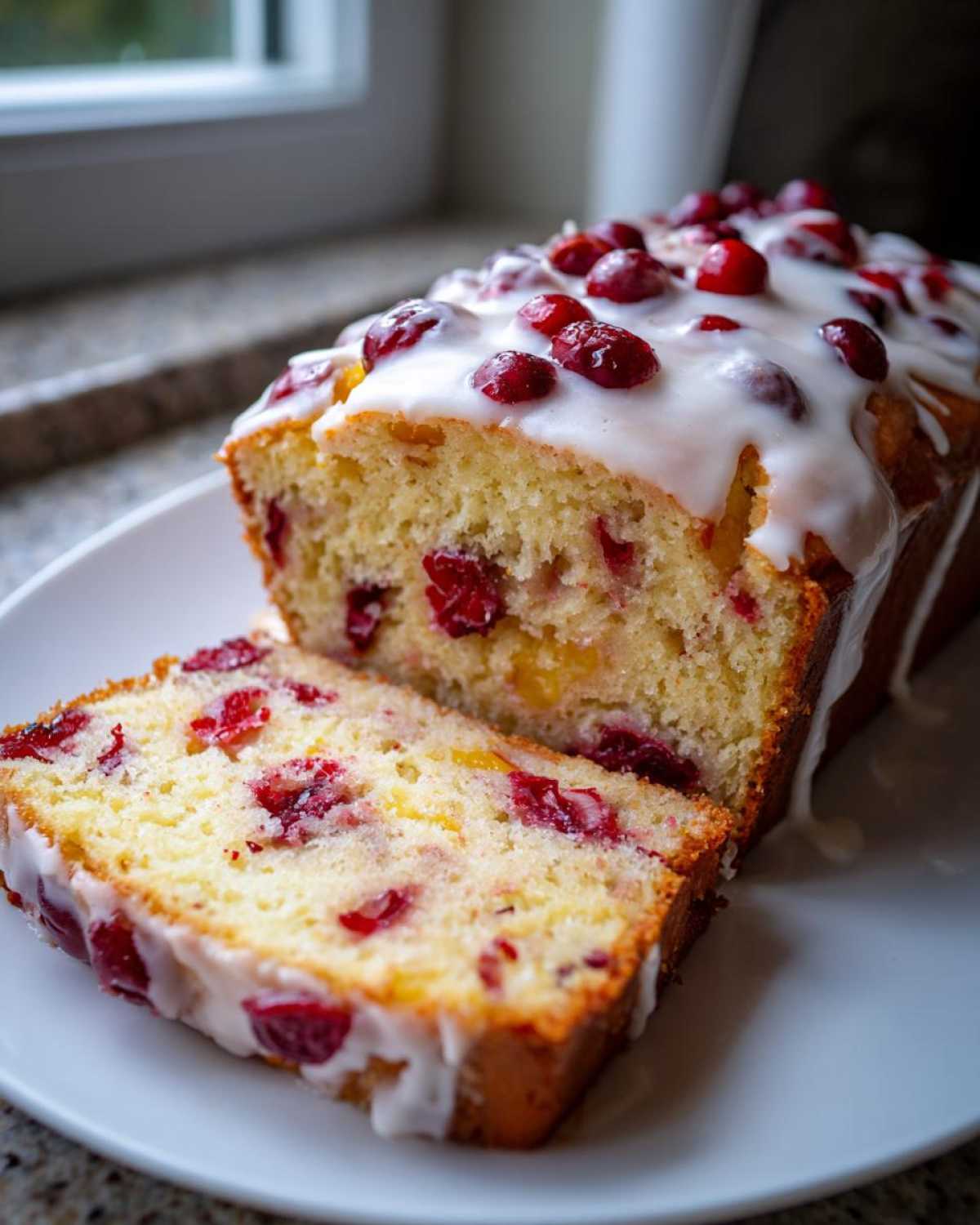 Close-up of moist cranberry orange bread loaf with one slice cut, topped with white glaze and fresh cranberries.