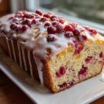 A loaf of moist cranberry orange bread topped with a thick white glaze and fresh cranberries.