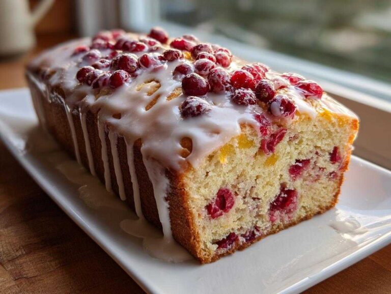 A loaf of moist cranberry orange bread topped with a thick white glaze and fresh cranberries.