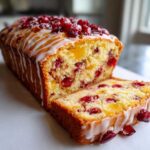 A close-up of a sliced cranberry orange cake loaf drizzled with white icing and topped with fresh cranberries.