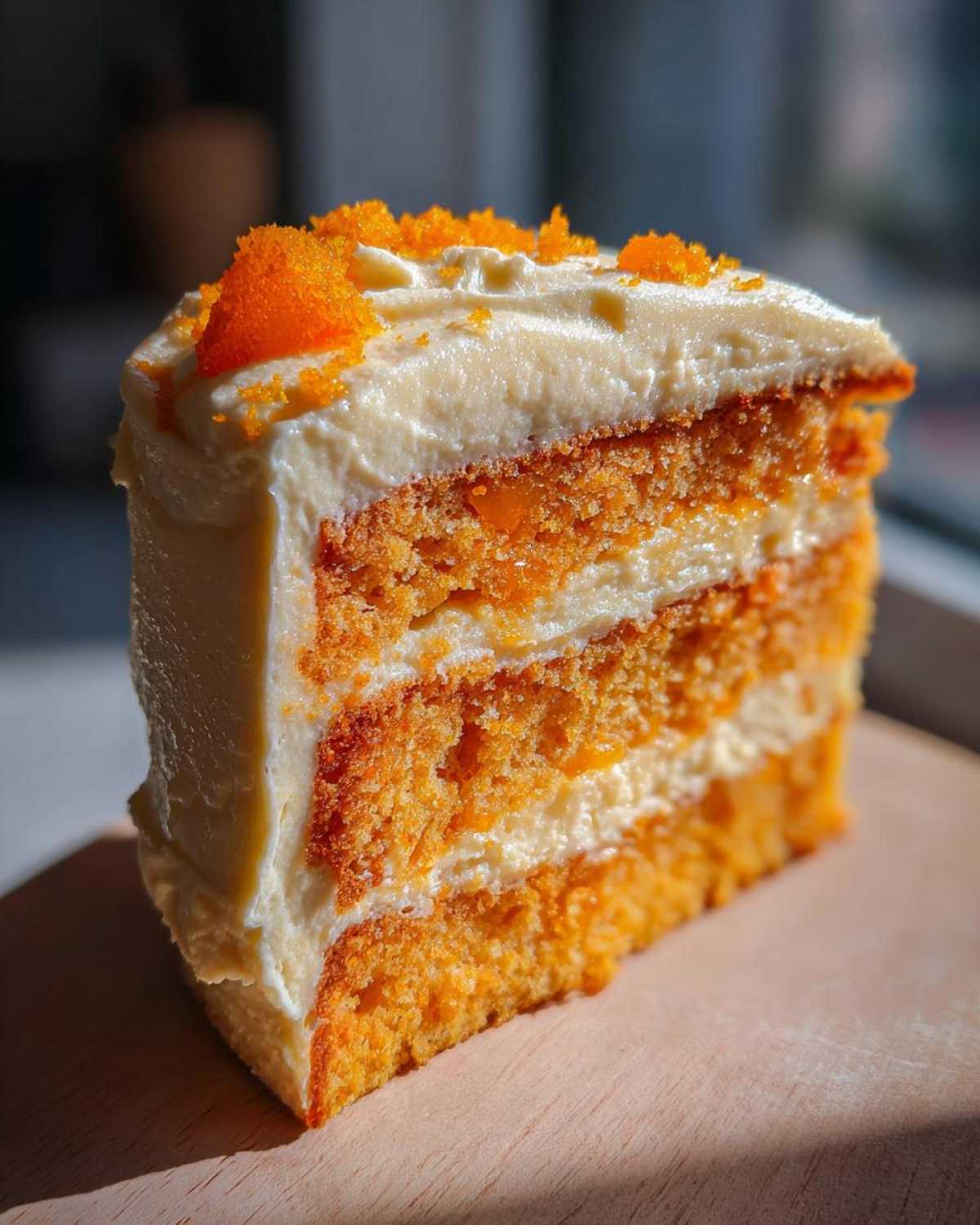 Close-up of a moist slice of Creamsicle Cake showing three orange layers separated by white frosting and topped with orange sprinkles.