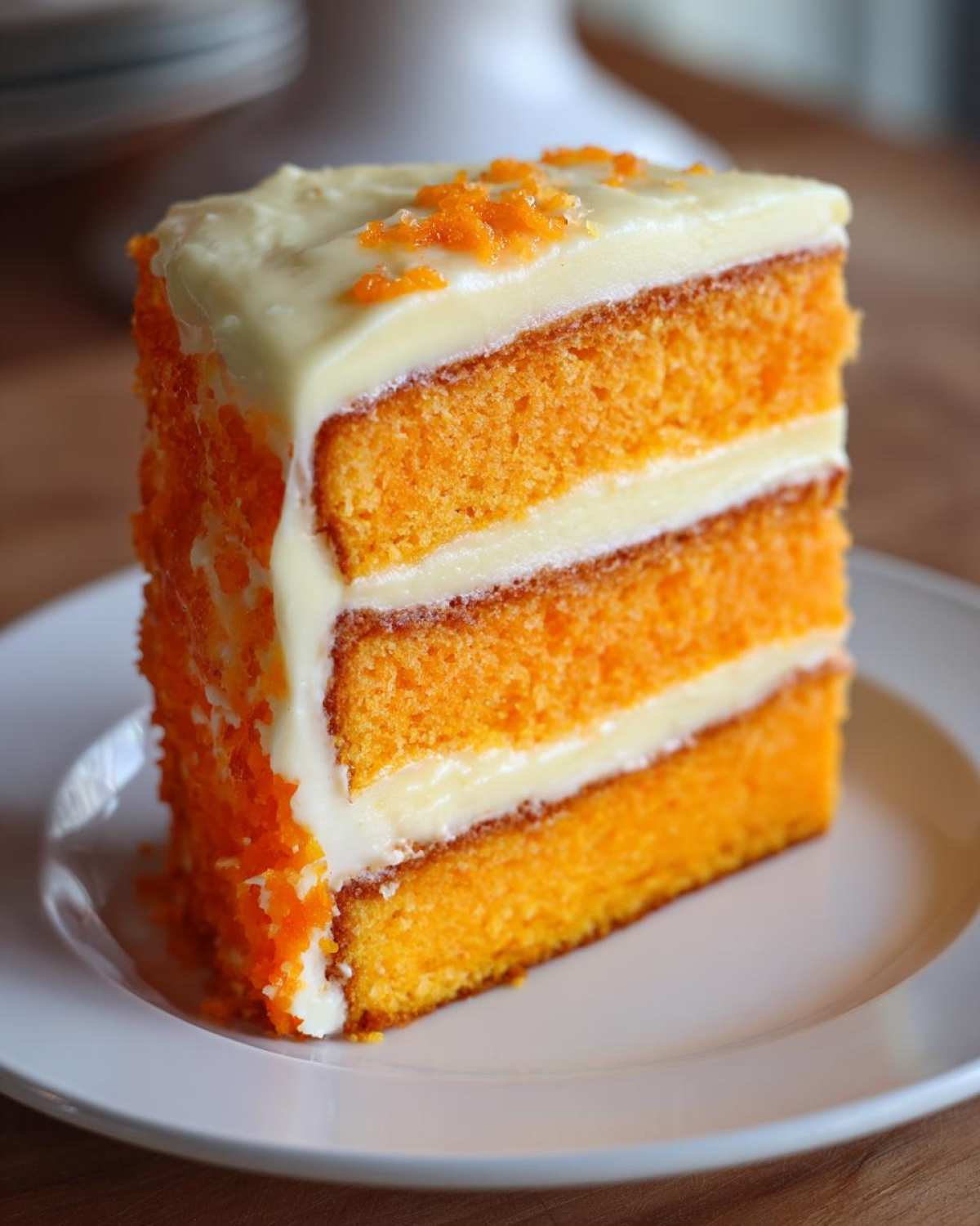 Close-up of a moist slice of three-layer Creamsicle Cake with white frosting and orange zest topping.