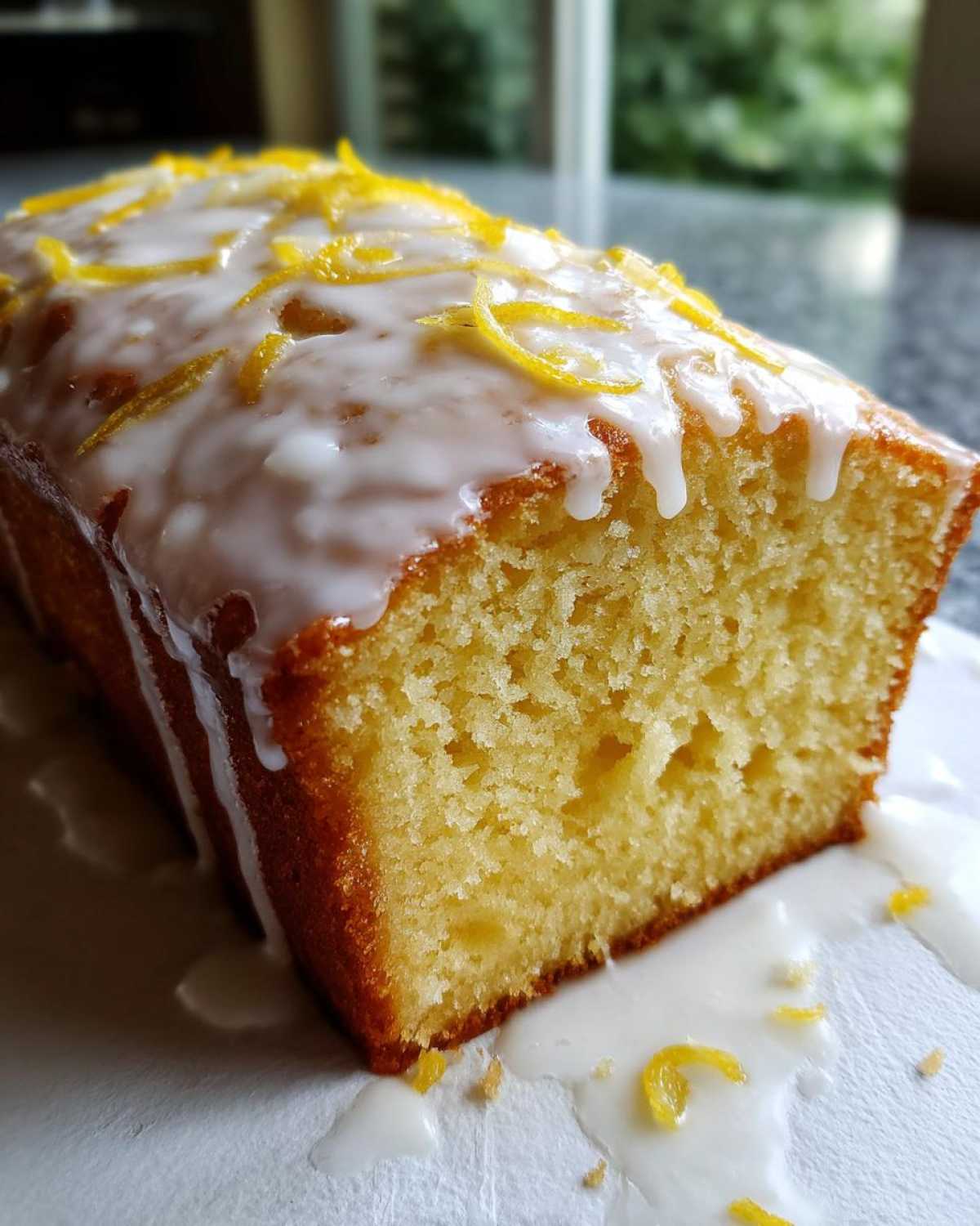 Close-up of a moist lemon loaf cake slice, dripping with white glaze and topped with bright yellow lemon zest.