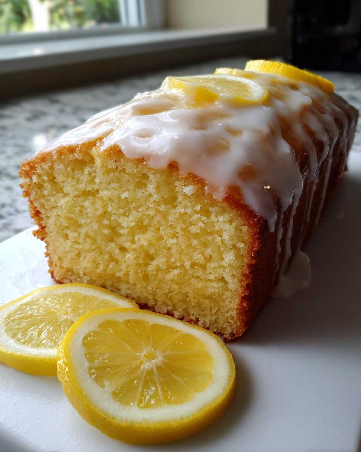 A close-up of a freshly baked lemon loaf cake, drizzled with white glaze and topped with lemon slices.