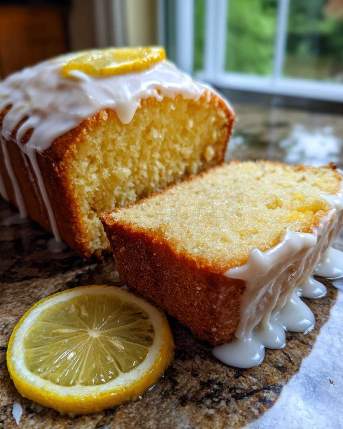 A close-up of a moist lemon loaf cake, partially sliced, drizzled with white icing and garnished with a lemon slice.