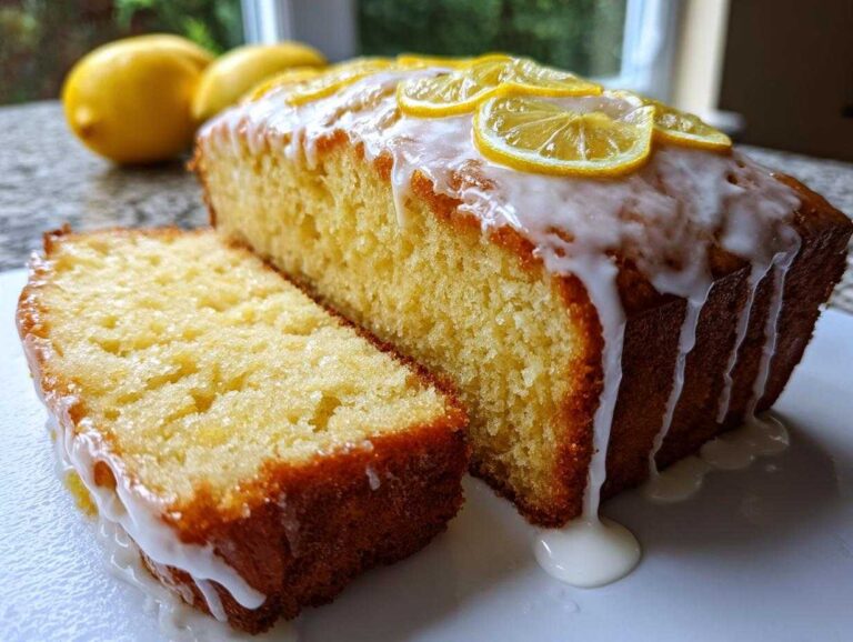 A moist lemon loaf cake, partially sliced, covered in white glaze and topped with candied lemon slices.