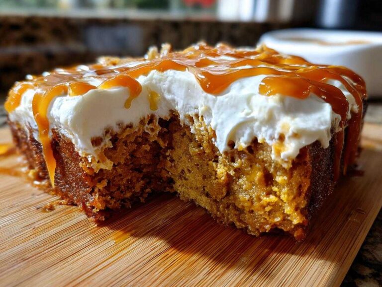 Close-up of a moist slice of pumpkin poke cake topped with white frosting and drizzled heavily with caramel sauce.
