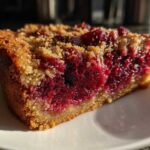 Close-up of a moist slice of Nantucket cranberry pie showing the rich red cranberry filling and golden crumble topping.