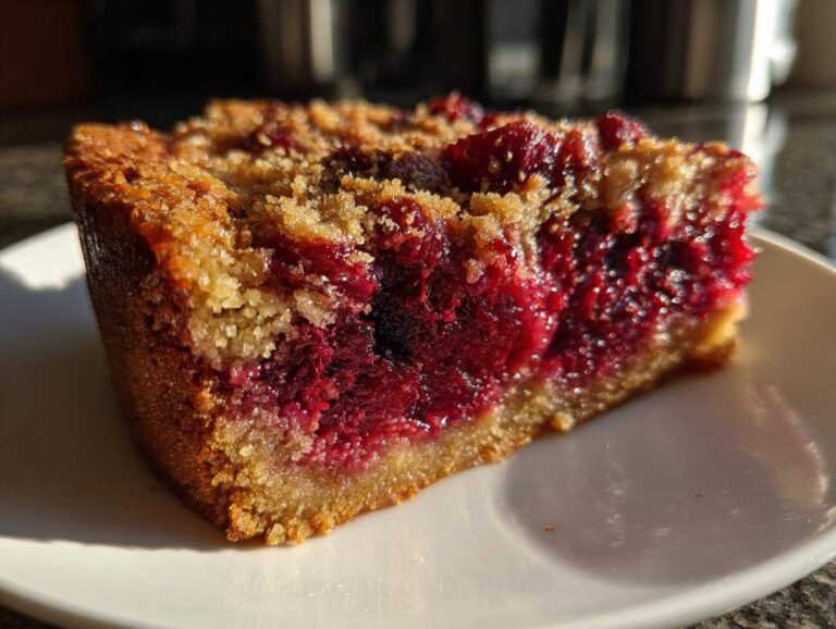 Close-up of a moist slice of Nantucket cranberry pie showing the rich red cranberry filling and golden crumble topping.