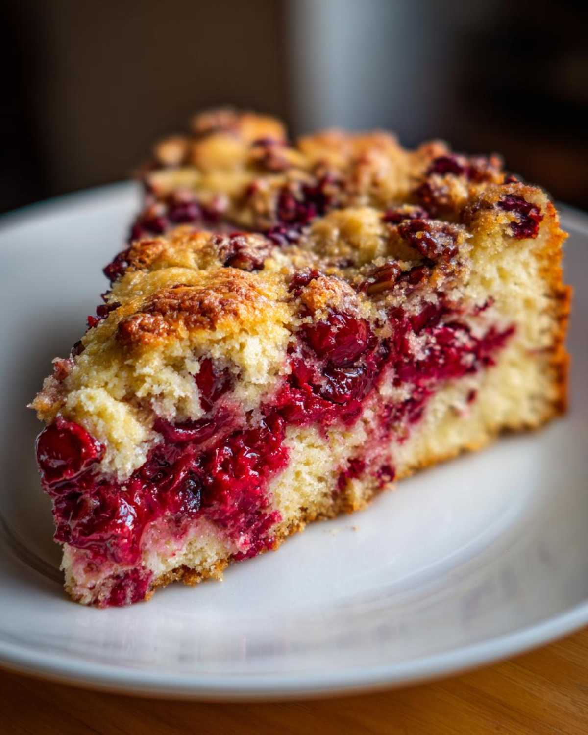 Close-up of a moist slice of Nantucket cranberry pie showing bright red filling and golden crumble topping.