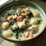 Close-up of a creamy bowl of homemade Olive Garden Chicken Gnocchi Soup with chunks of chicken, spinach, and carrots.