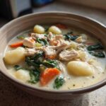 A close-up view of a hearty bowl of olive garden chicken gnocchi soup featuring shredded chicken, potato gnocchi, carrots, and spinach.