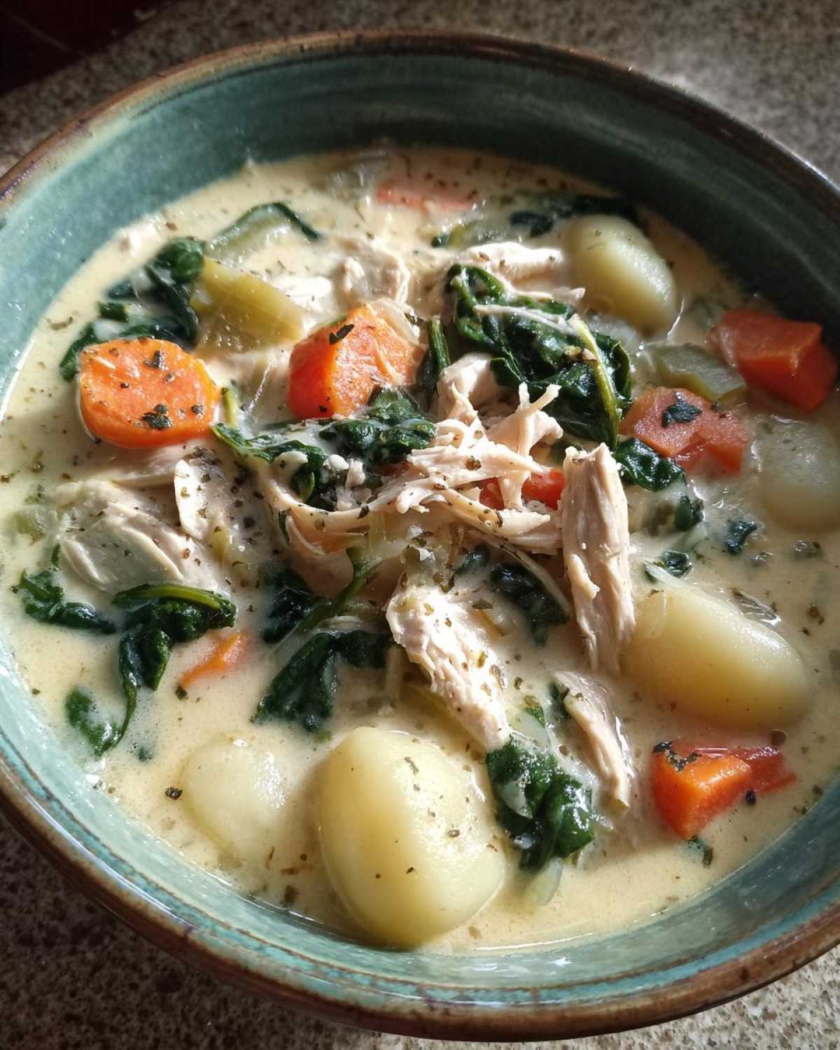 Close-up of creamy olive garden chicken gnocchi soup featuring shredded chicken, soft gnocchi, carrots, and spinach.
