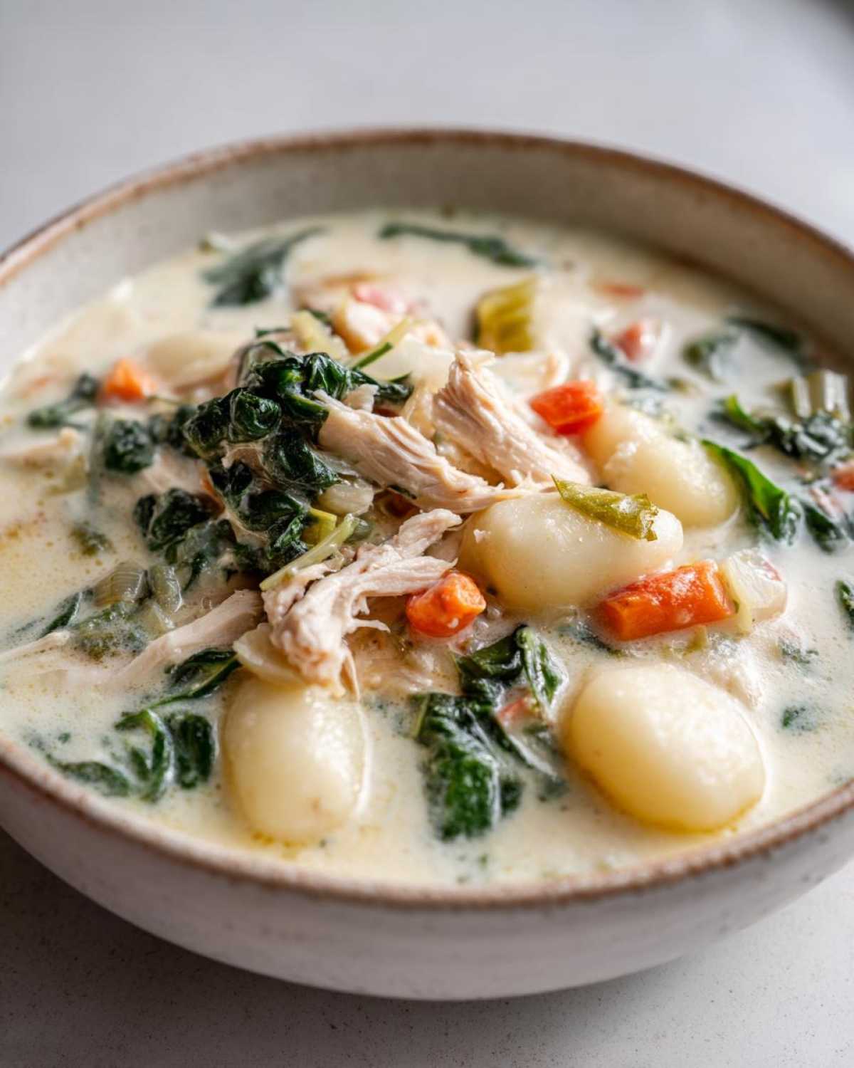 Close-up of a bowl of creamy olive garden chicken gnocchi soup, showing shredded chicken, gnocchi, spinach, and carrots.