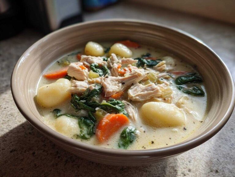 A close-up view of a hearty bowl of olive garden chicken gnocchi soup featuring shredded chicken, potato gnocchi, carrots, and spinach.