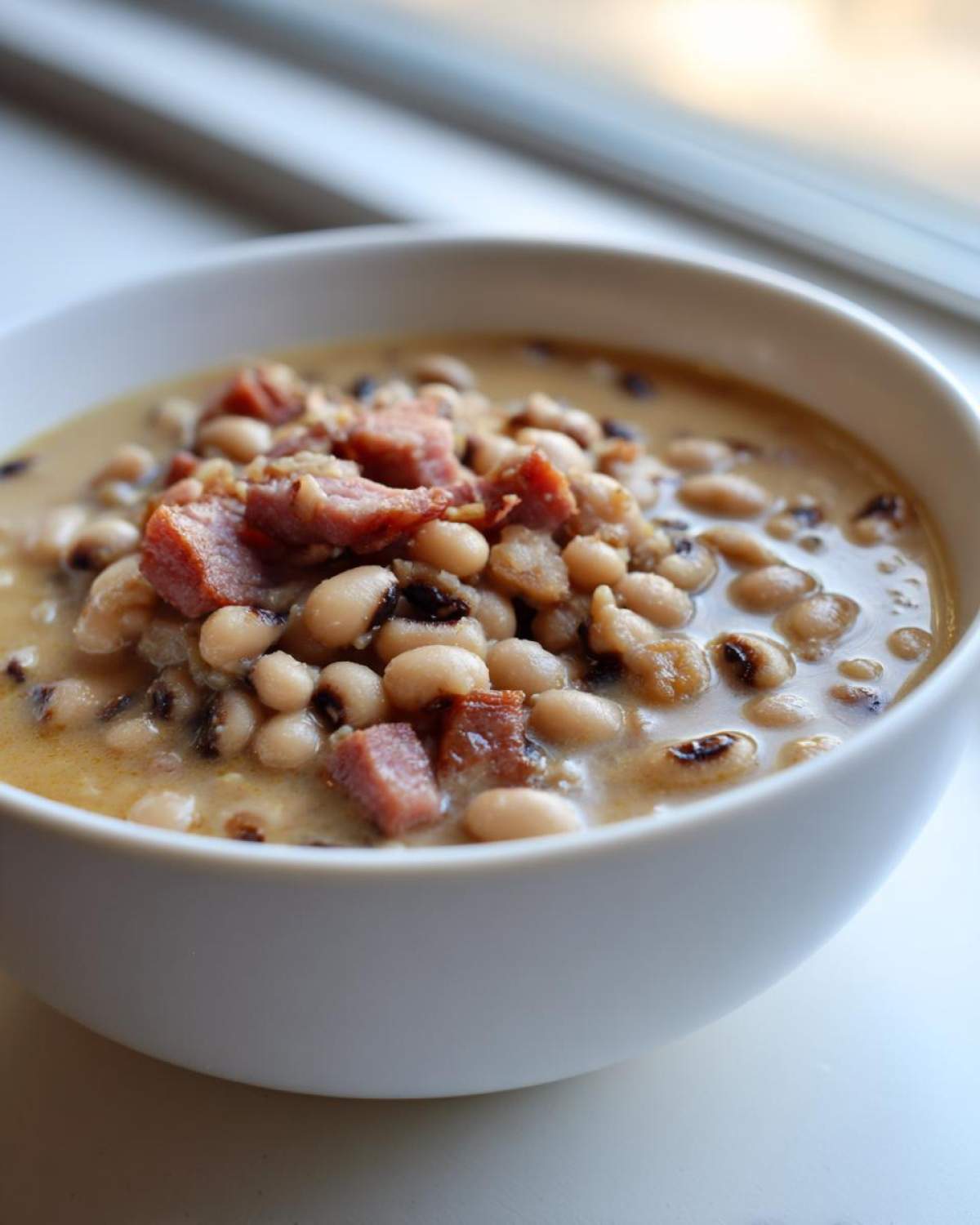 Close-up of a white bowl filled with creamy black eyed peas topped with chunks of smoked ham.