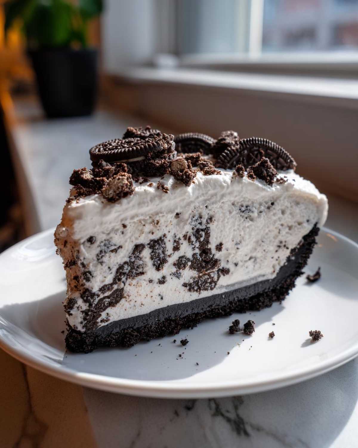 A generous slice of creamy Oreo pie with a dark crust, topped with whipped cream and cookie pieces.