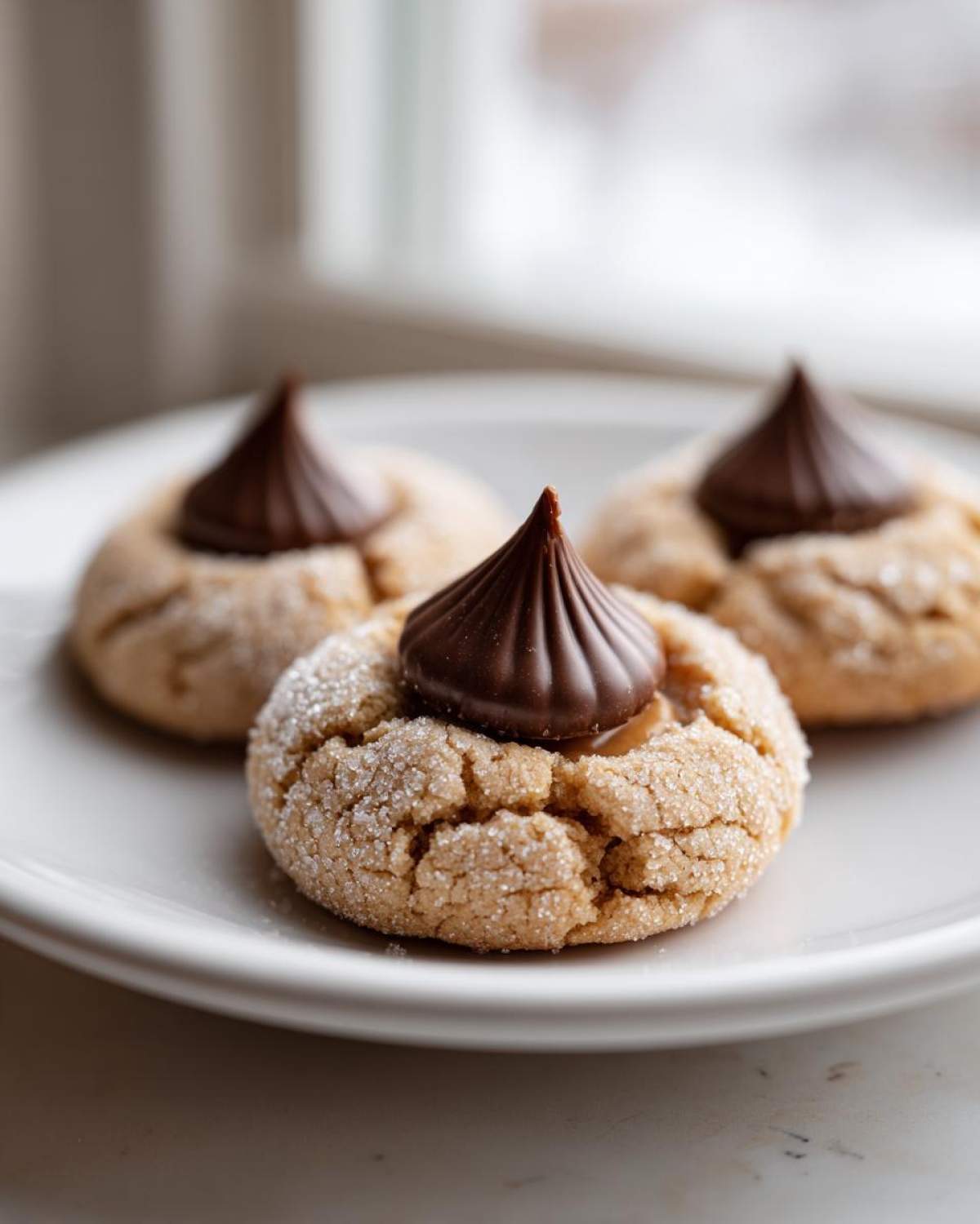 Three classic peanut butter kiss cookies rolled in sugar, topped with a chocolate Hershey's Kiss.