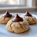 Three classic peanut butter kiss cookies rolled in sugar, each topped with a melted chocolate kiss.