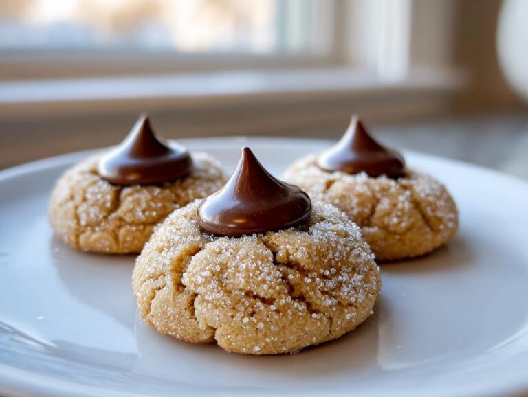 Three classic peanut butter kiss cookies rolled in sugar, each topped with a melted chocolate kiss.