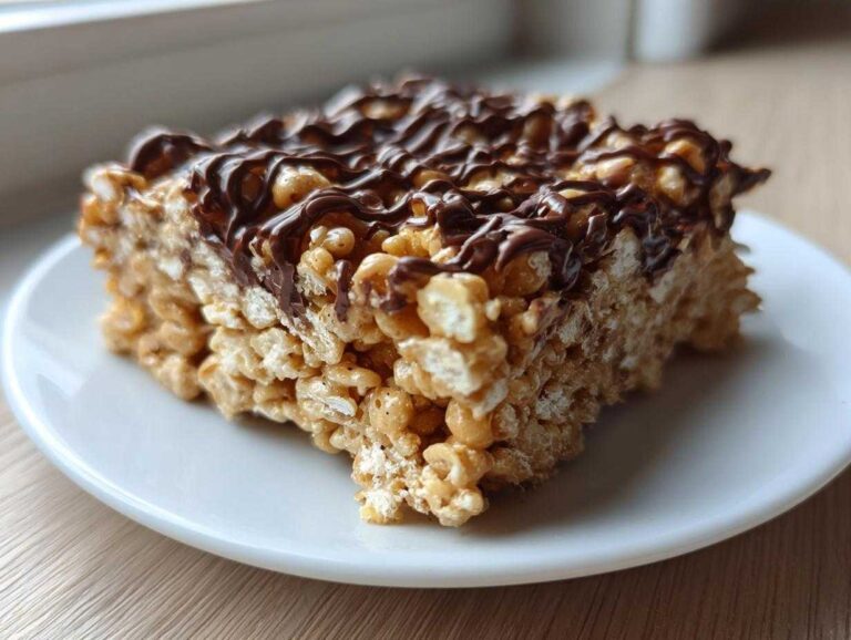 A close-up of a thick peanut butter rice krispie treats square topped with a dark chocolate drizzle.