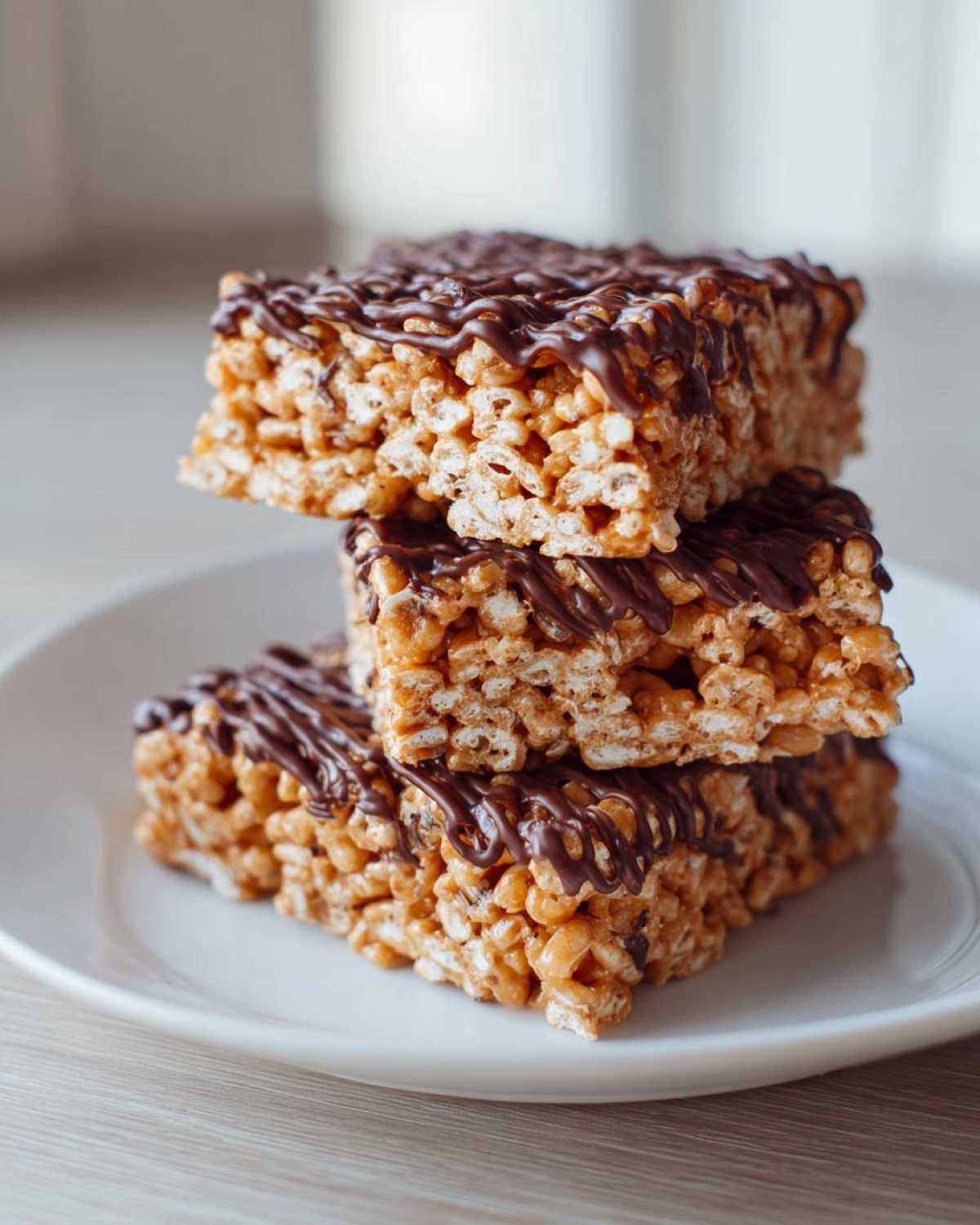A stack of three peanut butter rice krispie treats drizzled generously with melted chocolate.