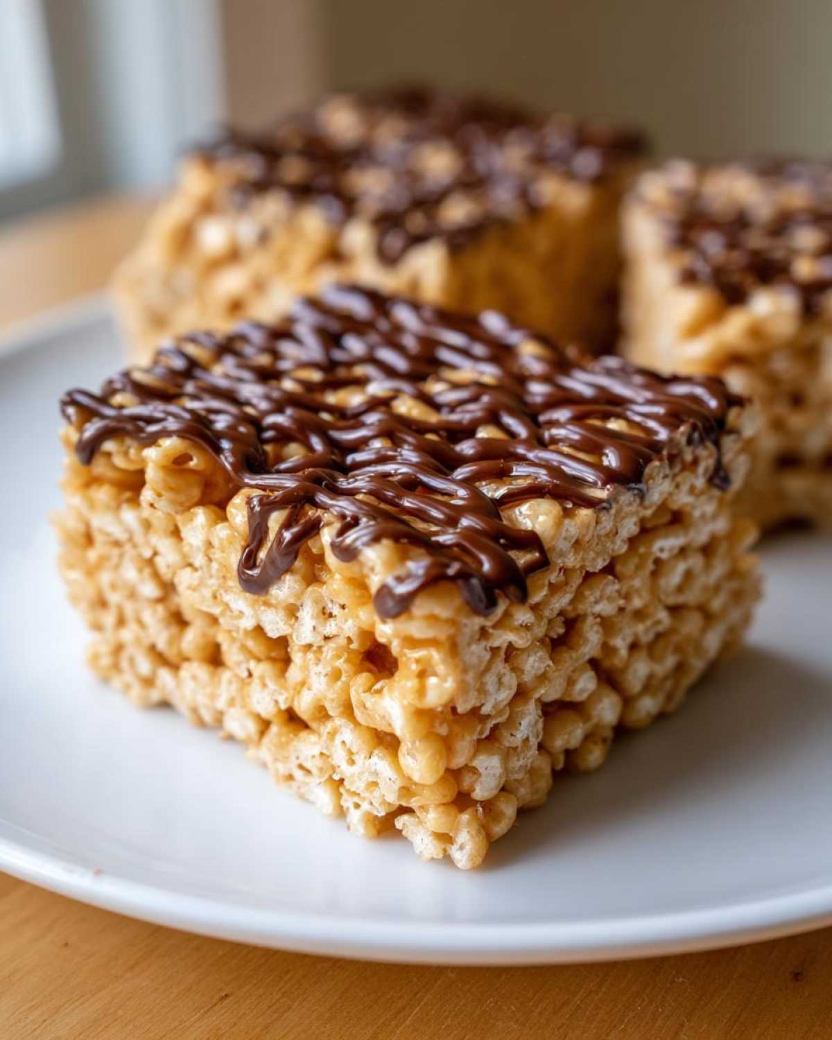 Close-up of a square peanut butter rice krispie treats bar drizzled generously with melted chocolate.