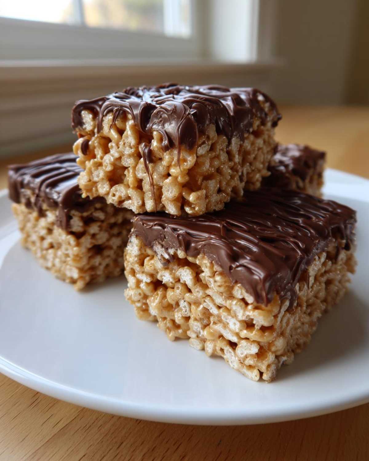 A stack of three decadent peanut butter rice krispie treats topped with melted chocolate drizzle.