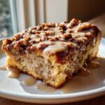 A close-up of a decadent slice of pecan pie bread pudding topped with chopped pecans and a thick, creamy glaze.