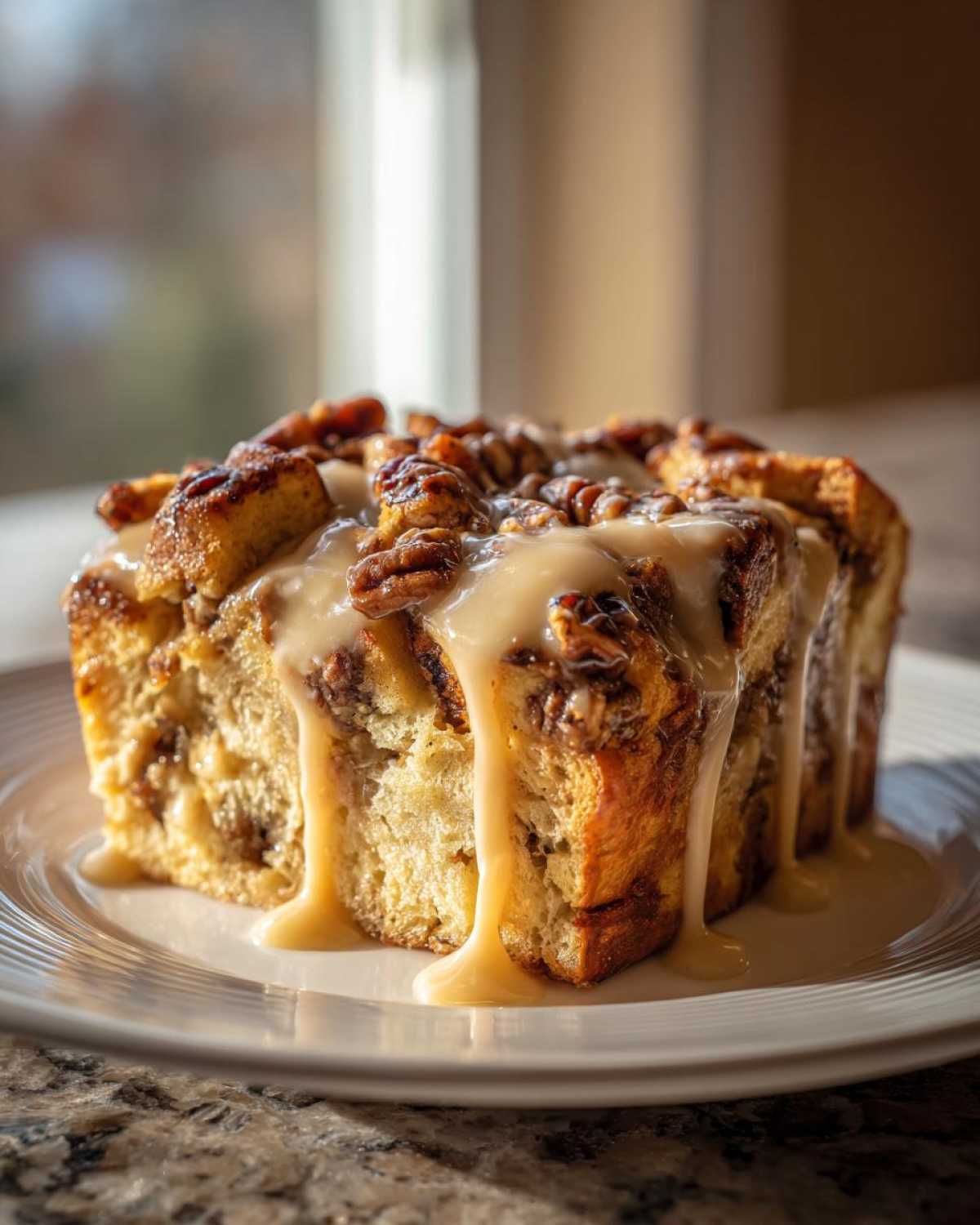 A tall, square slice of pecan pie bread pudding generously topped with pecans and dripping with vanilla glaze.