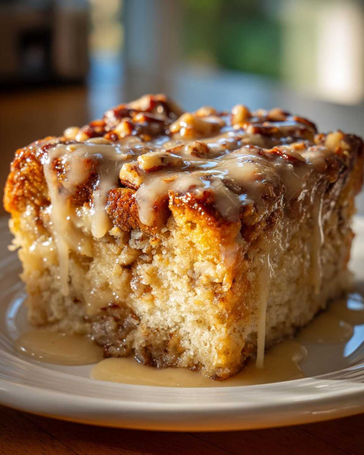 A close-up of a square slice of pecan pie bread pudding, topped with pecans and dripping with vanilla glaze.