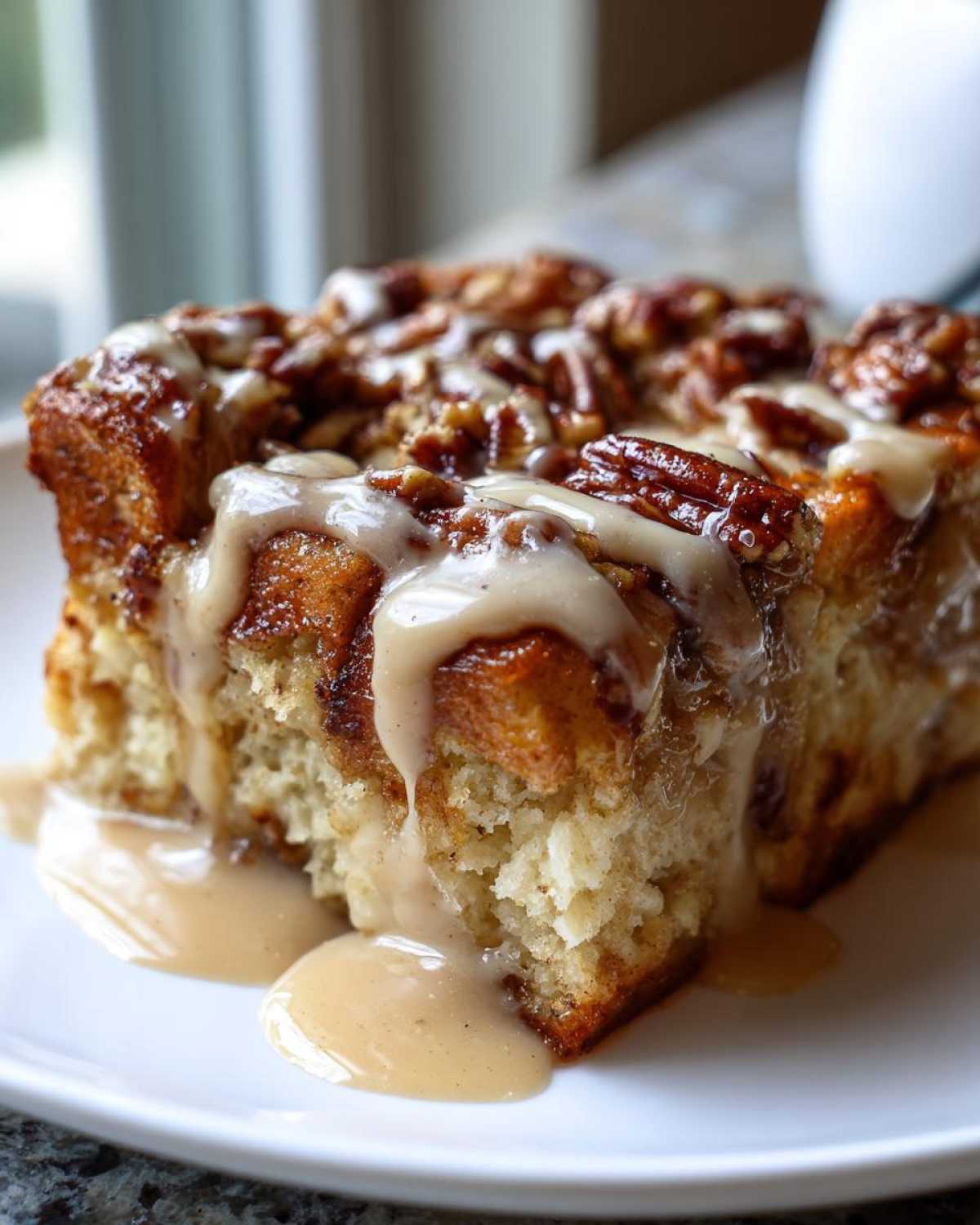 A rich slice of pecan pie bread pudding topped with pecans and drizzled with creamy caramel glaze.