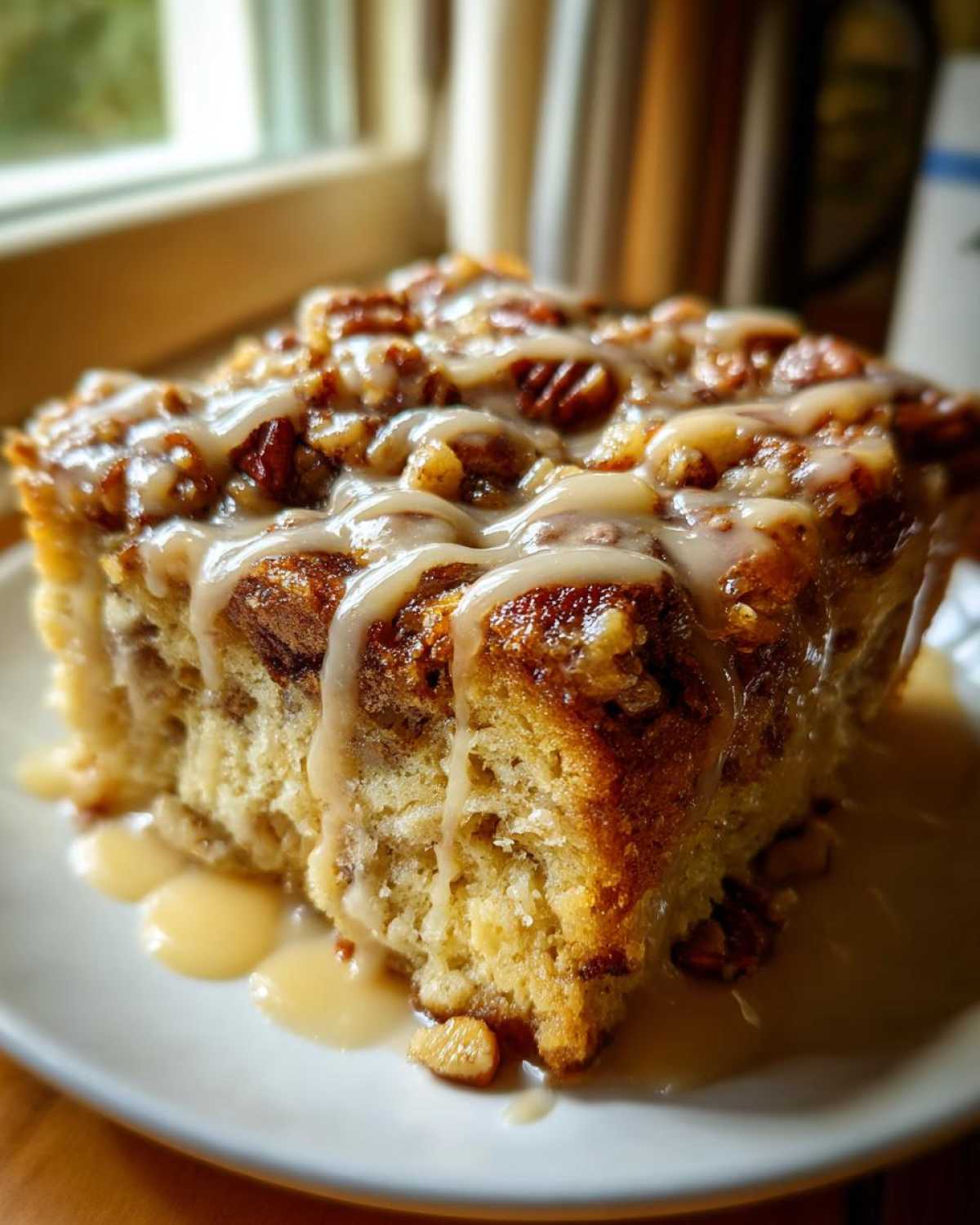 A close-up of a square slice of pecan pie bread pudding topped with glaze and pecans.