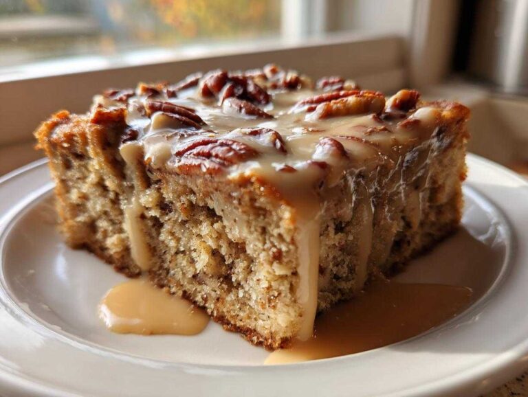A moist slice of pecan pie bread pudding topped with pecans and dripping with caramel glaze.