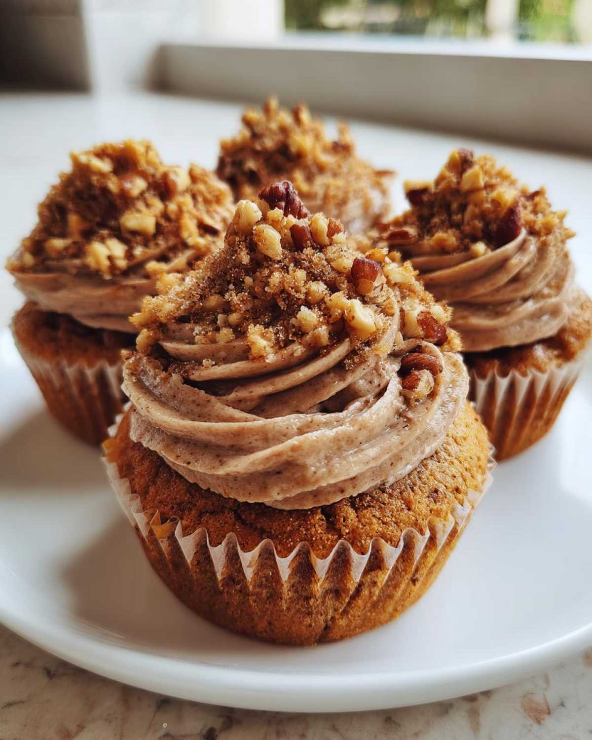 Four delicious pecan pie cupcakes topped with swirl frosting and crushed pecans on a white plate.