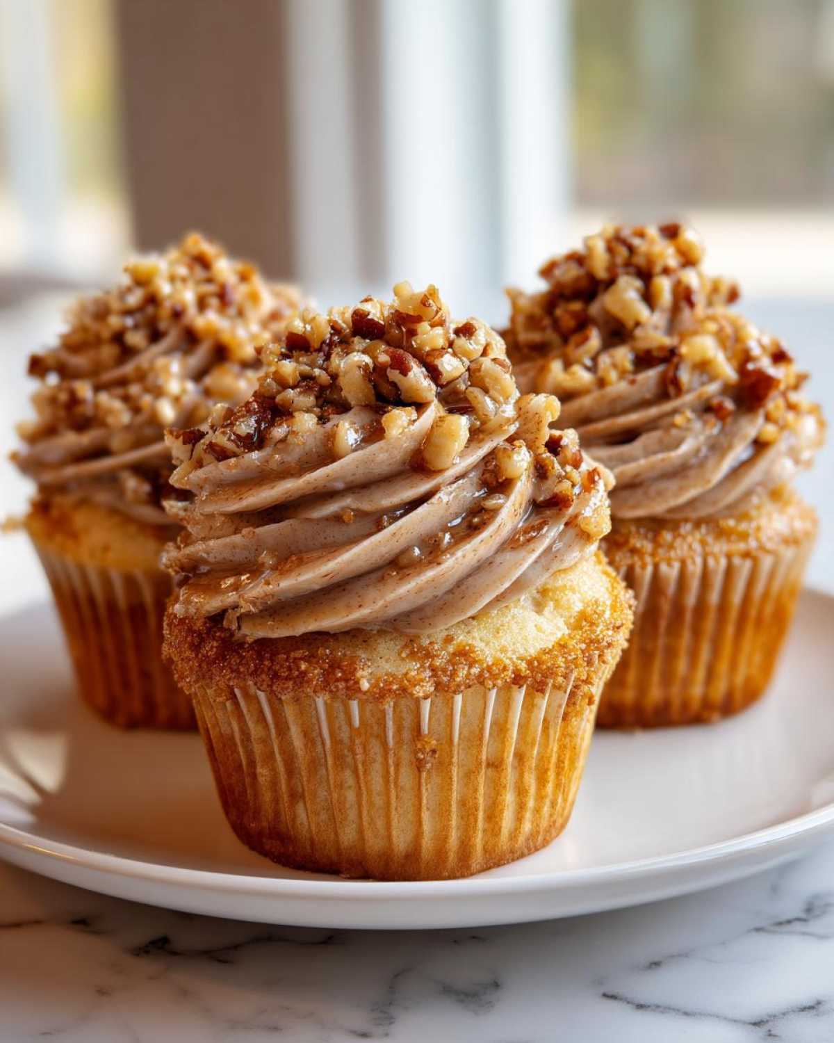 Three decadent pecan pie cupcakes topped with swirled brown sugar frosting and chopped pecans, sitting on a white plate.