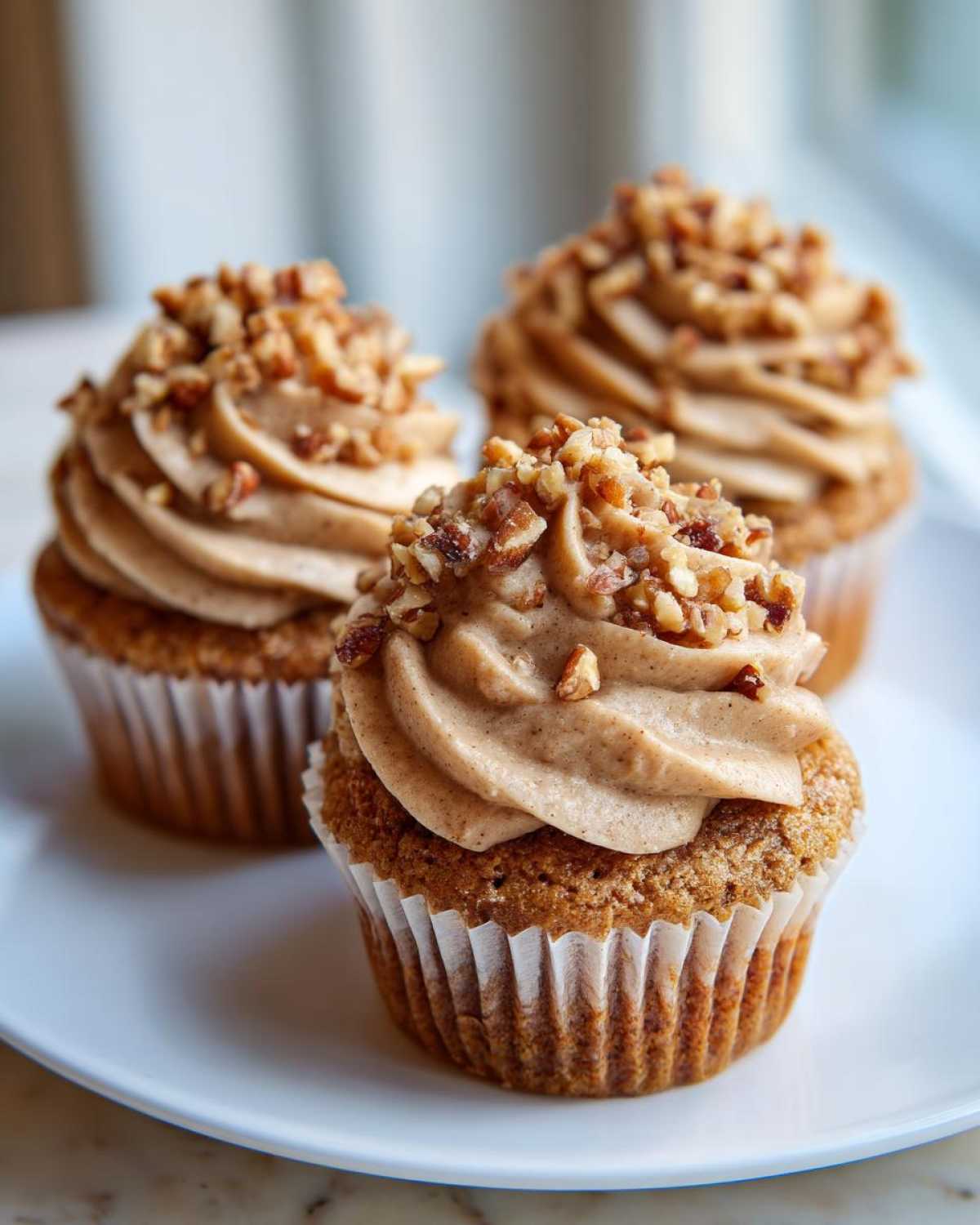 Three decadent pecan pie cupcakes topped with swirled brown frosting and chopped pecans.