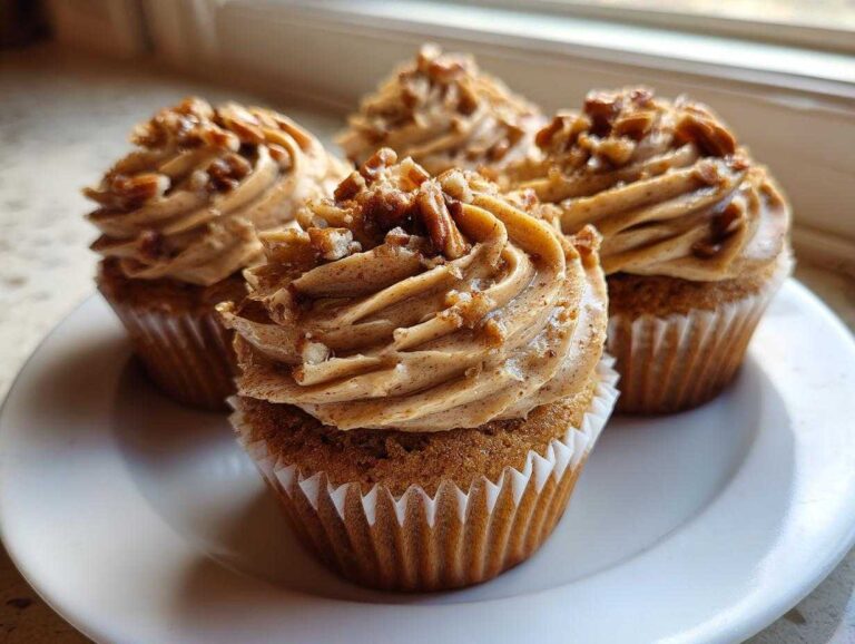 Four delicious pecan pie cupcakes with swirled brown sugar frosting and chopped pecans on a white plate.