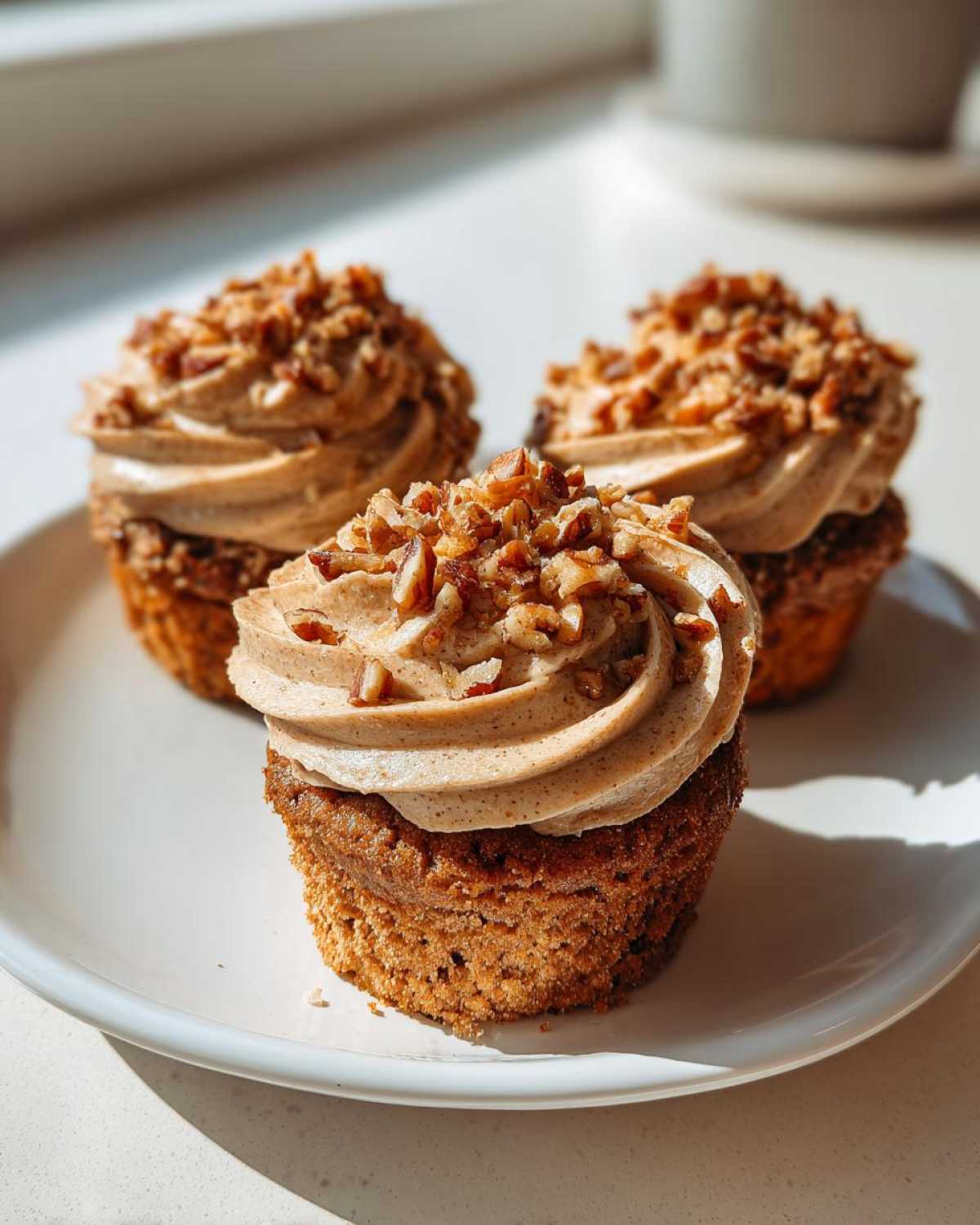 Three delicious pecan pie cupcakes topped with cinnamon-spiced frosting and chopped pecans, sitting on a white plate.