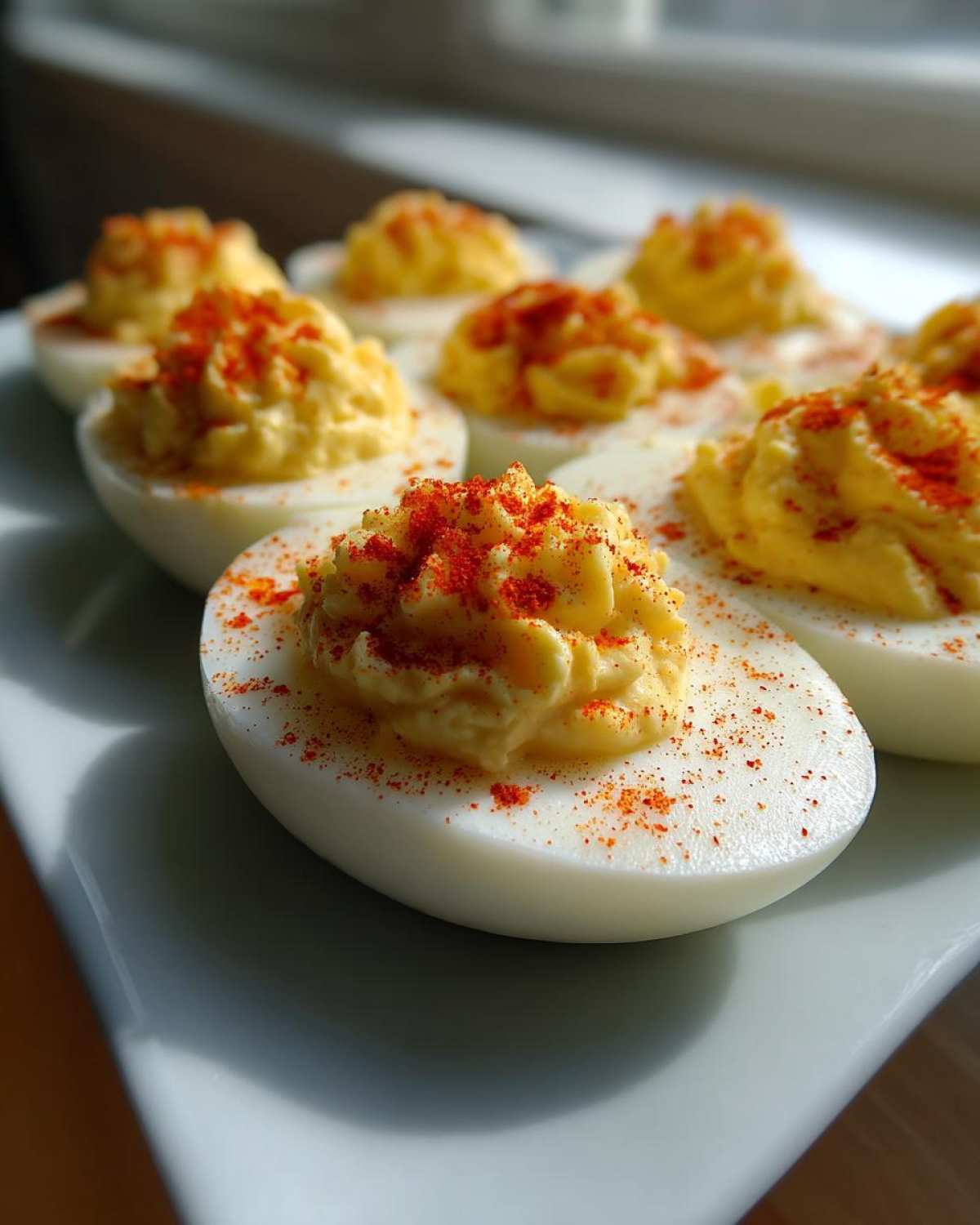 Close-up of several perfectly prepared deviled eggs on a white plate, topped with creamy filling and paprika.