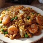 A close-up of a plate piled high with delicious shrimp fried rice, featuring plump shrimp, scrambled egg, and bright green peas.