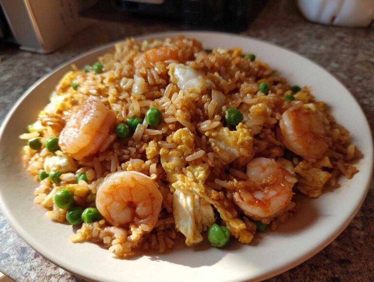 A close-up of a plate piled high with delicious shrimp fried rice, featuring plump shrimp, scrambled egg, and bright green peas.