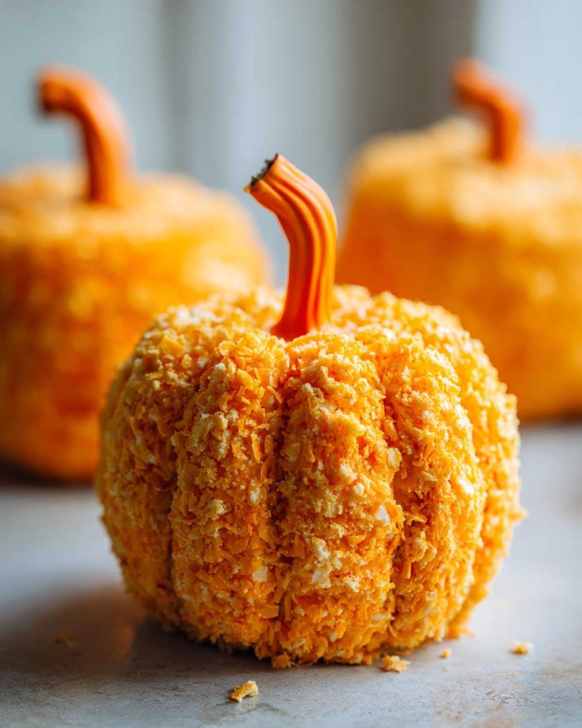 A beautifully shaped pumpkin cheese ball coated in orange crumbs with a realistic stem, ready for a party.
