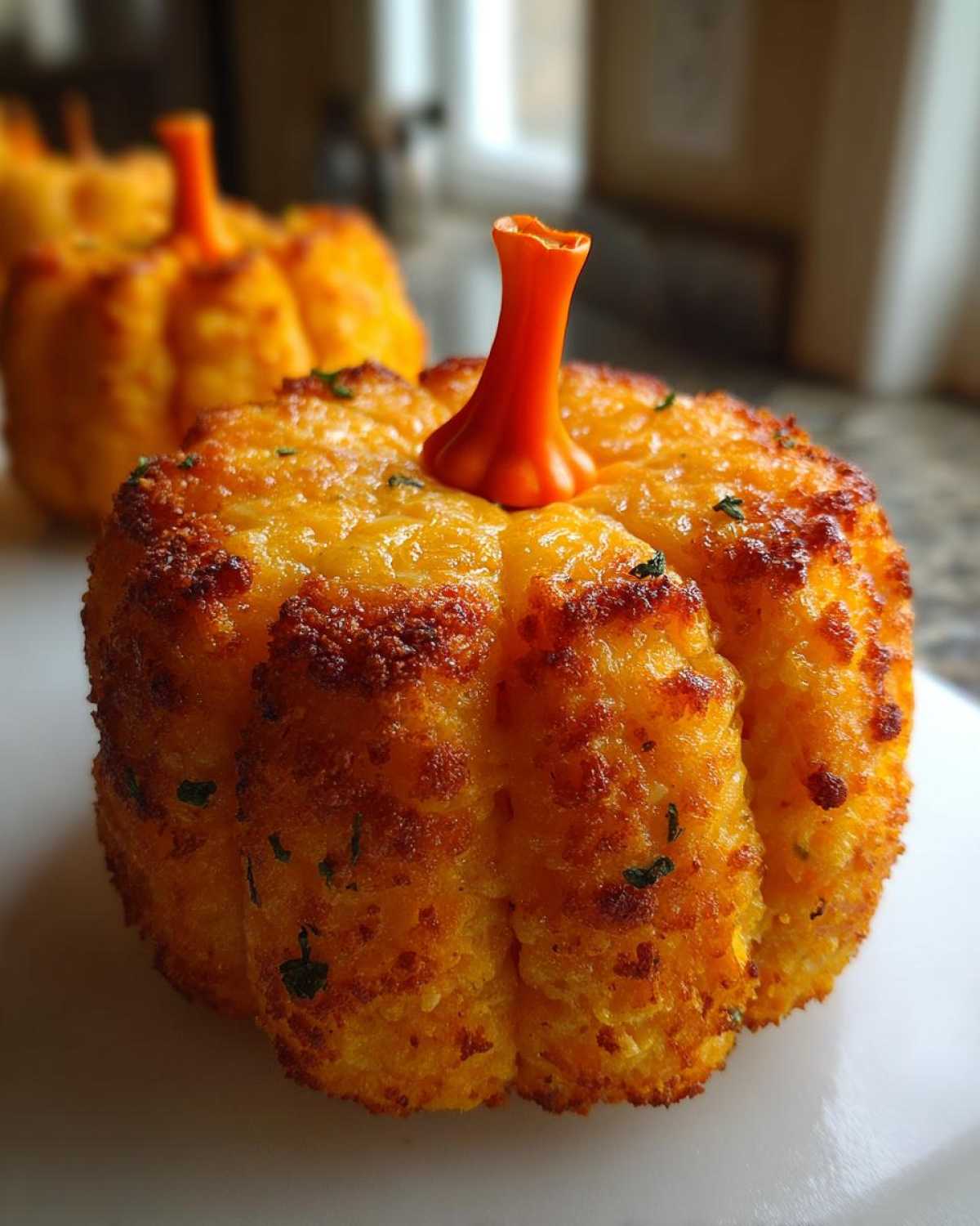 A close-up of a golden-brown, baked pumpkin cheese ball appetizer shaped like a small pumpkin with an orange stem.