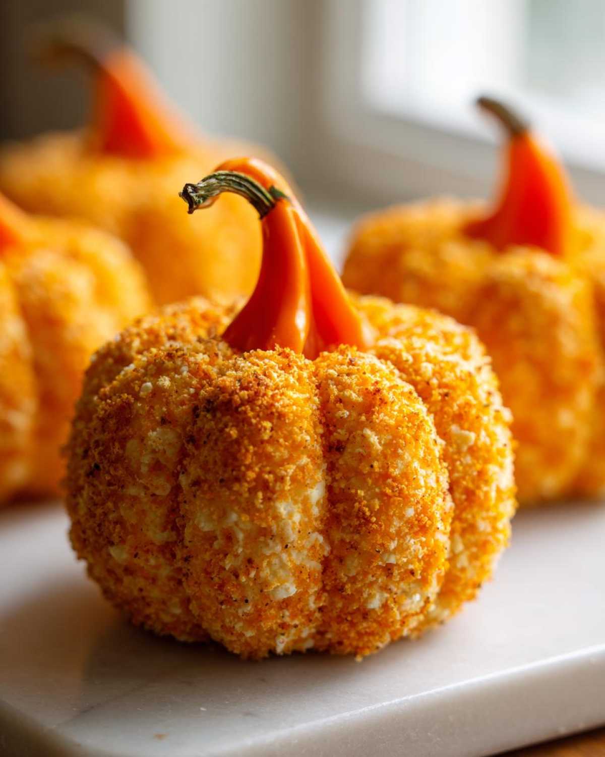 A close-up of a beautifully shaped pumpkin cheese ball appetizer coated in orange crumbs, featuring a decorative stem.