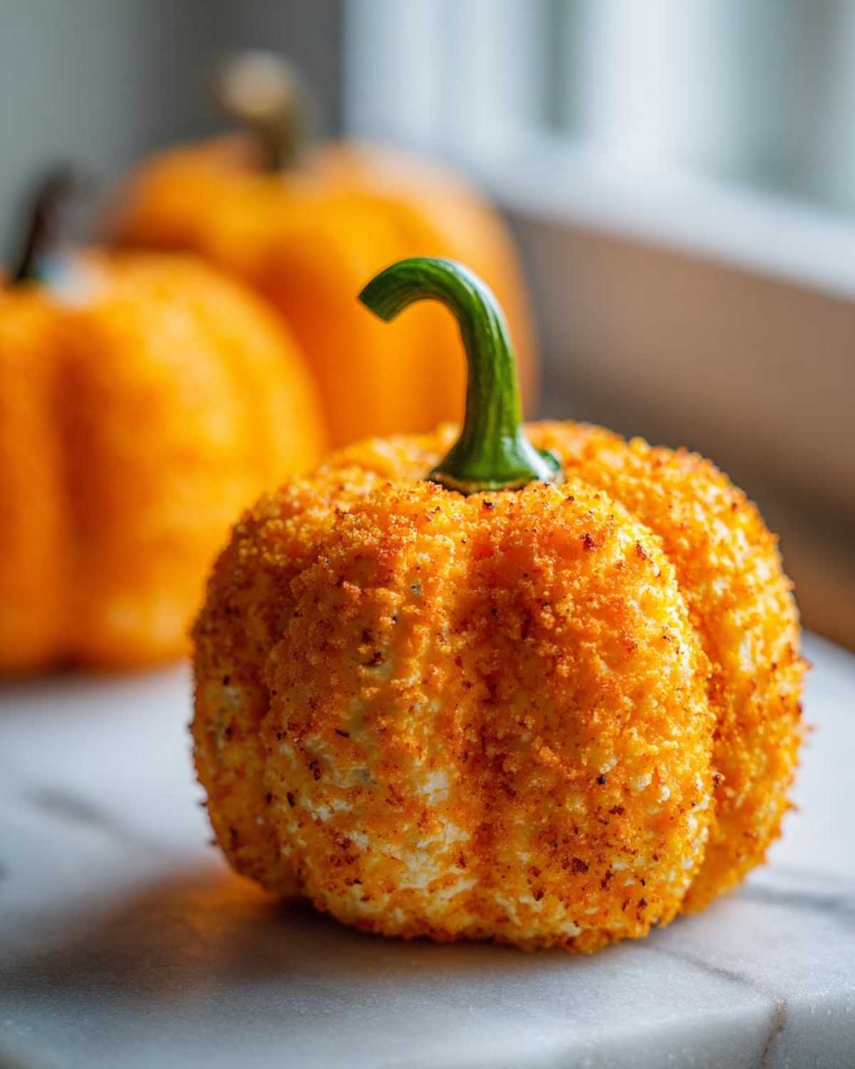 A close-up of a pumpkin cheese ball appetizer coated in orange seasoning, featuring a green stem, with blurred pumpkins in the background.