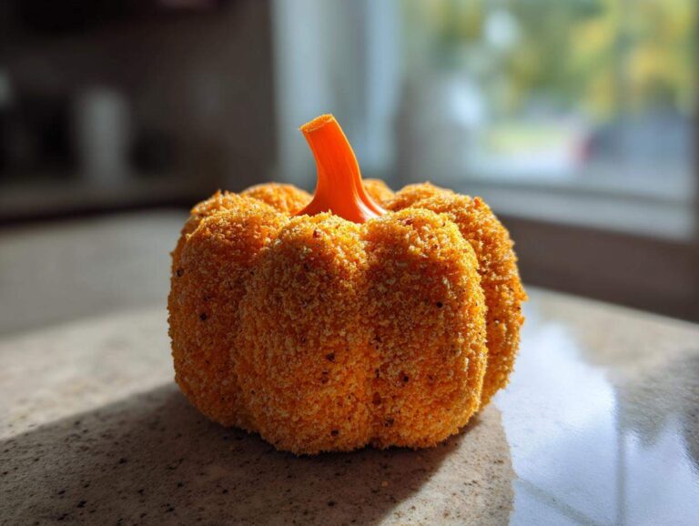 A close-up, low-angle shot of a textured, orange pumpkin cheese ball sitting on a countertop.